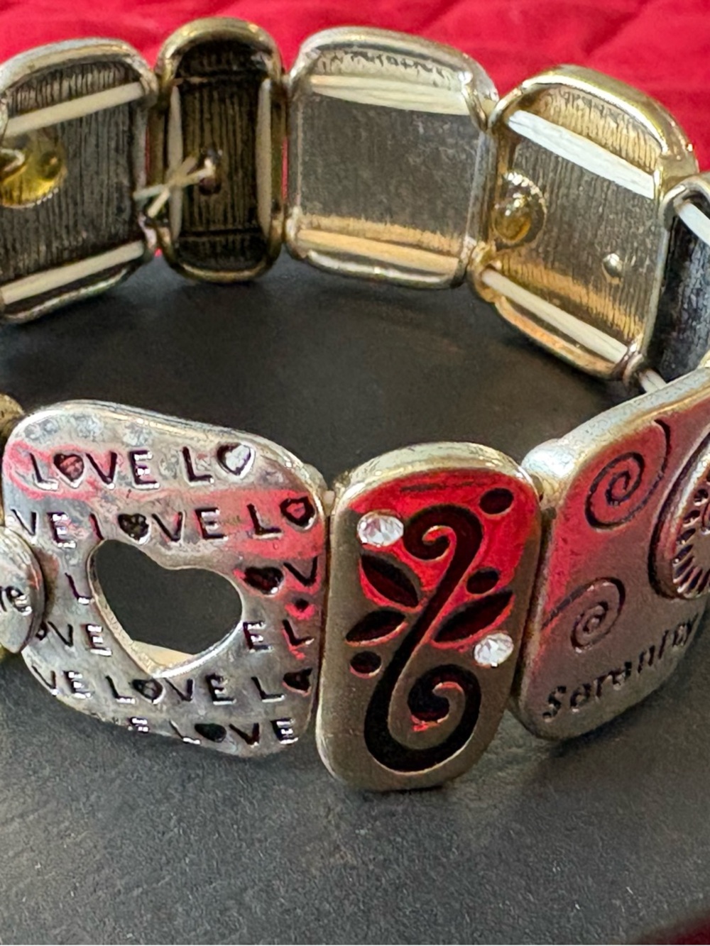 Silver Tone Stretch Love Heart Panel Bracelet with Red Accent